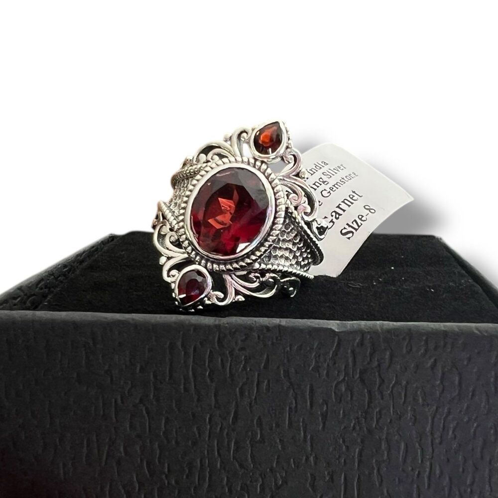 Natural Garnet 3-Stone Sterling Silver Artisan Ornate Statement Ring Size 8